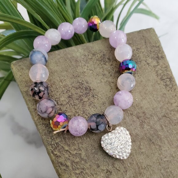 Shades or Purple Beaded Stretch Bracelet with Bling Silver Tone Heart - Picture 1 of 6